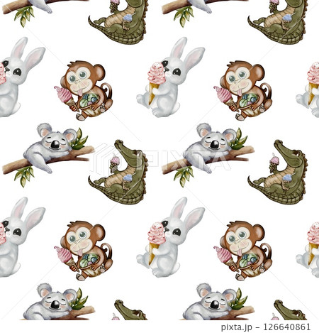 Crocodile and monkey enjoying ice cream in playful watercolor fabric pattern design 126640861