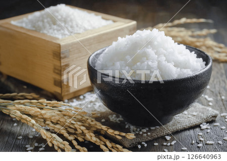 ごはん茶碗に盛られた熱々の白米と稲穂 126640963