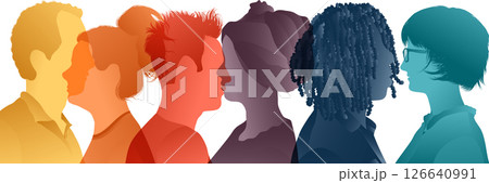 Silhouette of diverse collaborators seen from the side. A harmonious community of co-workers and colleagues in negotiation pact or agreement. Isolated Silhouette of diverse collaborators seen from the side. A harmonious community of co-workers and colleagues in negotiation pact or agreement. Isolated 126640991