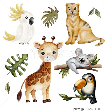 Giraffe and friends in a playful watercolor design for textile and wrapping purposes Giraffe and friends in a playful watercolor design for textile and wrapping purposes 126641009