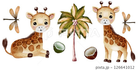 Playful giraffes with palm trees and coconuts in a whimsical watercolor design Playful giraffes with palm trees and coconuts in a whimsical watercolor design 126641012