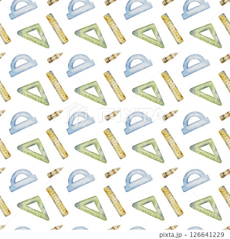 Pattern design featuring various school supplies in a seamless watercolor style 126641229