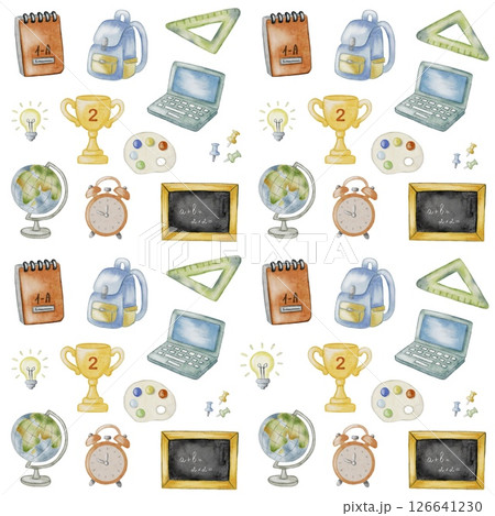Colorful school supplies pattern featuring backpacks, laptops, and globes for creative projects 126641230