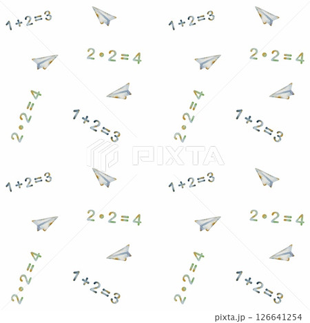 Colorful school supplies pattern featuring numbers and paper airplanes for educational themes 126641254