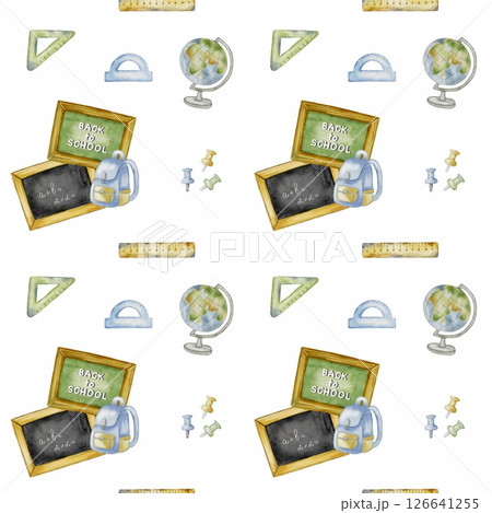Colorful watercolor school supplies pattern design for back to school packaging and wallpaper Colorful watercolor school supplies pattern design for back to school packaging and wallpaper 126641255
