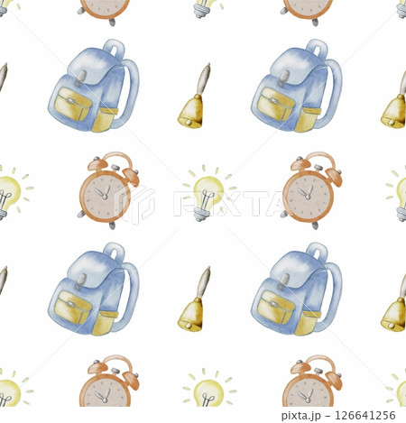 Colorful school supplies pattern featuring backpacks, clocks, bells, and light bulbs Colorful school supplies pattern featuring backpacks, clocks, bells, and light bulbs 126641256