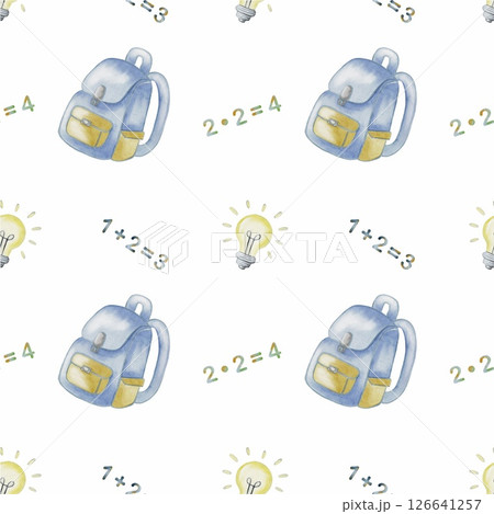 Colorful watercolor pattern featuring school supplies and math equations for educational purposes 126641257