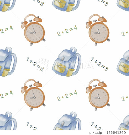 Colorful school supplies pattern featuring clocks and backpacks on a white background 126641260