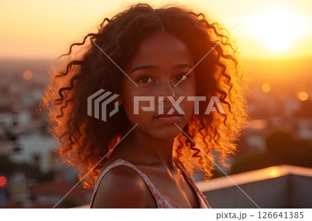 beautiful curls sunset moment, cinematic portrait of a curly haired girl bathed in sunset light on a rooftop, bokeh city lights behind 126641385