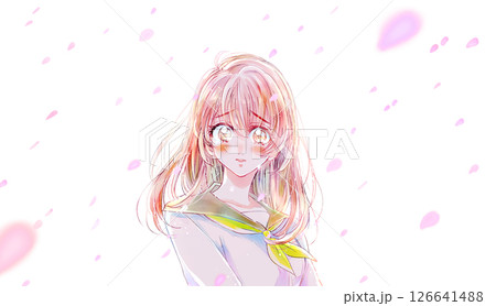 セーラー服の女子学生　涙　バストアップ　逆光　桜吹雪 126641488