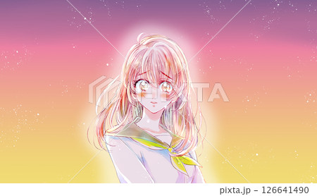 セーラー服の女子学生　涙　バストアップ　逆光　夕暮れ 126641490