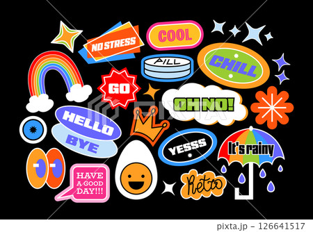 Funny futuristic y2k patches, labels, tags, short phrases in retro style. Cartoon stickers in funky hipster groovy grunge 90s style. Doodle phrases in flat style. Cute vector set, trendy promo labels. 126641517