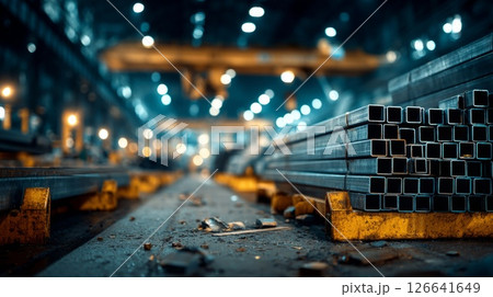 warehouse containing long metal pipes and rectangular steel tubes 126641649