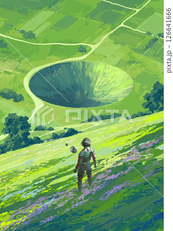 Explorer Discovers Mysterious Crater in Alien Meadow 126641666