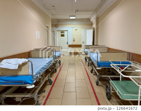 Medical trauma beds, hospital beds are in the trauma department of the city hospital of the Moscow region. High quality photo 126641672
