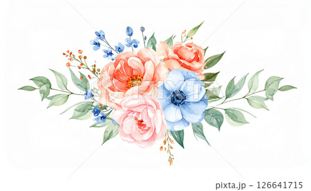 Watercolor floral arrangement featuring peonies, anemones, and greenery on a white background, ideal for decorative use in home or event settings 126641715