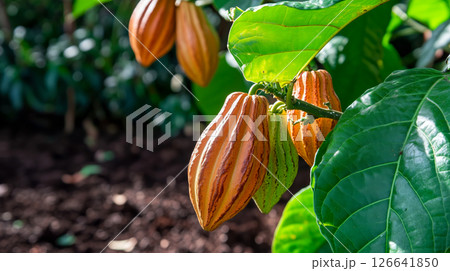 A close-up of ripe cacao pods growing on a tree with vibrant green leaves and soft sunlight in a tropical plantation 126641850