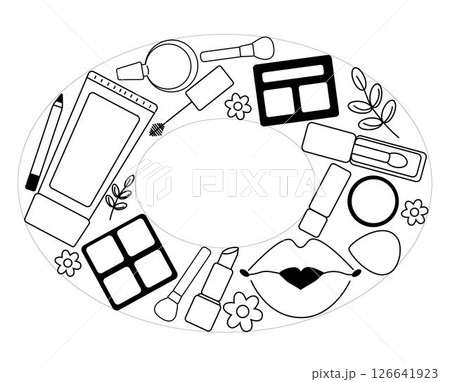Decorative and skin care cosmetics. Makeup tools oval frame template. Vector graphic line illustration. Black and white cosmetic makeup art. Layout with makeup, visage accessories. 126641923