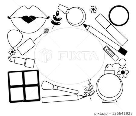 Makeup tools oval frame in rectangle template. Vector graphic line illustration. Black and white cosmetic makeup art. business card, certificate or gift voucher, flyer. 126641925