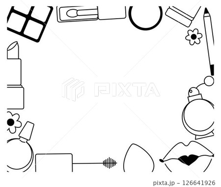 Cosmetics and accessories Makeup tools rectangle frame template. Vector graphic line illustration. Hand drawn images blush mascara eyeshadow powder cream foundation brush. 126641926