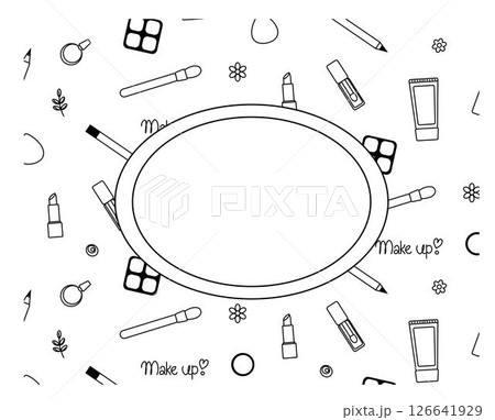 Cosmetics, perfume, lipstick oval frame template Vector graphic line illustration. Black and white cosmetic makeup art. For poster, flyer, banner, invitation, social media, party or sale 126641929