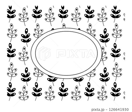 Ornament leafy branches oval frame template. Vector graphic line illustration. Black and white Trendy print on fabric. Fresh plant sprouting stems background template. Forest ornament. 126641930