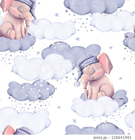 Cute Sleeping Elephants on Dreamy Clouds Seamless Pattern 126641991
