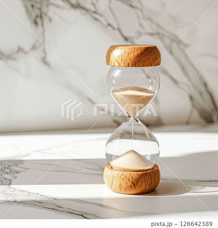 an hourglass on a marble background an hourglass on a marble background 126642389