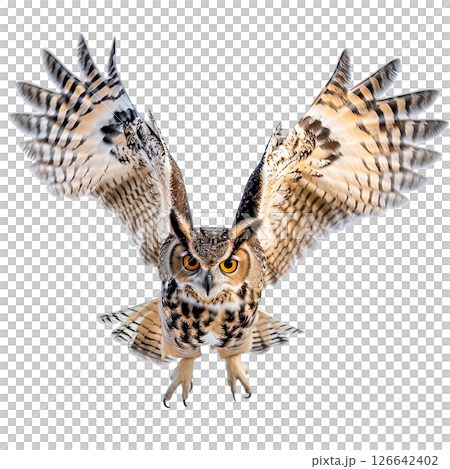 Flying owl isolated on white. 126642402