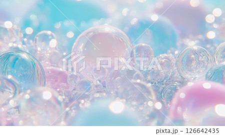 Pastel colored iridescent soap bubbles in dreamy atmosphere Pastel colored iridescent soap bubbles in dreamy atmosphere 126642435