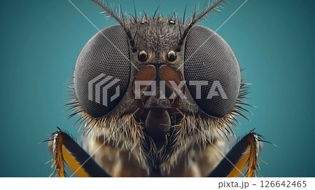 Close-up of a housefly's compound eyes and facial features 126642465