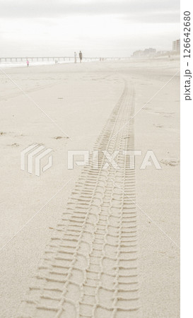 Detailed View of a Tire Track Left on a Sandy Beach Shoreline, Nature Transportation Adventure Scene 126642680