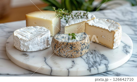 Variety Of Cheese, A Cheeseboard Selection Brie,, Camembert, Blue Cheese, And Others On Marble. 126642710