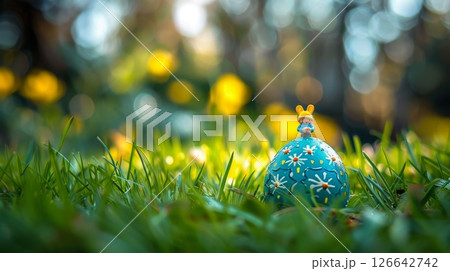 Easter Egg Decorated with Daisies and Bunny Figurine on Lush Green Grass in Spring Setting Easter Egg Decorated with Daisies and Bunny Figurine on Lush Green Grass in Spring Setting 126642742