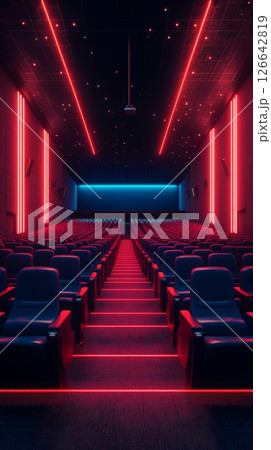 Empty Auditorium, Red Lighting, Rows of Seats, Modern Cinema Interior Design, Geometric Perspective 126642819