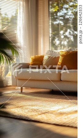 Cozy living room interior with comfortable sofa, sunlight through the window, modern home design 126642833