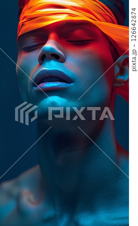 Close-up Portrait of a Man With Eyes Covered in Red Tape, Dramatic Red and Blue Lighting Close-up Portrait of a Man With Eyes Covered in Red Tape, Dramatic Red and Blue Lighting 126642874