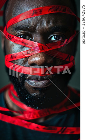 Close Up Portrait, Black Man with Red Tape Over His Eyes and Body, Censorship Concept 126642875