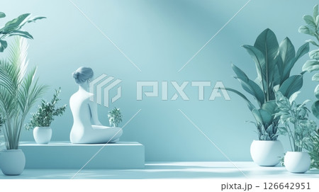 Serene Minimalism Woman Sculpture Embracing Tranquility Amidst Tropical Plants in a Blue Sanctuary Serene Minimalism Woman Sculpture Embracing Tranquility Amidst Tropical Plants in a Blue Sanctuary 126642951