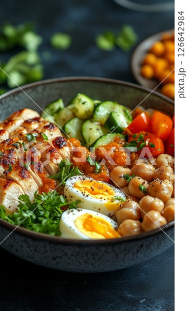 Healthy Buddha Bowl With Chicken, Cucumber, Tomato, Chickpeas, Boiled Egg. Balanced Food Concept. 126642984