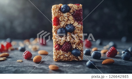 Healthy homemade granola bar with oatmeal, berries and nuts on a dark background. Close-up. 126642985