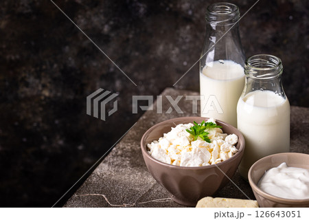 Dairy products. Milk, cottage cheese, cream, butter and yogurt Dairy products. Milk, cottage cheese, cream, butter and yogurt 126643051