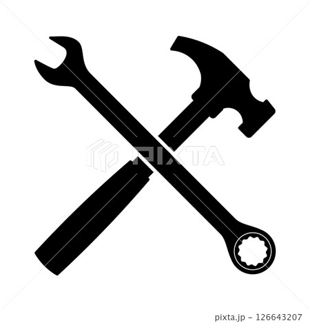 Wrench and Hammer Icon. Black Silhouette Vector of a wrench and a hammer crossed over each other, forming an X shape. 126643207