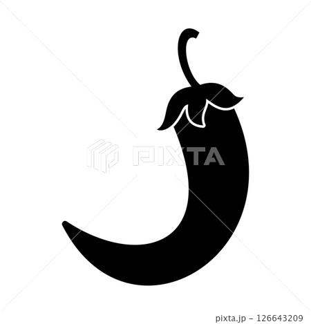 Silhouette of a Chili Pepper with Curved Stem. This minimalist vector illustration features a bold black silhouette of a chili pepper with a sleek, curved body and a distinct stem curling upward. 126643209