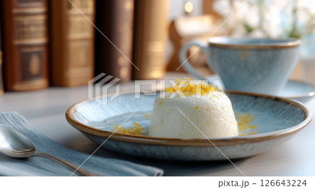 Gourmet dessert infused with earl grey tea served on a ceramic plate in a warm, cozy cafe ambiance Gourmet dessert infused with earl grey tea served on a ceramic plate in a warm, cozy cafe ambiance 126643224