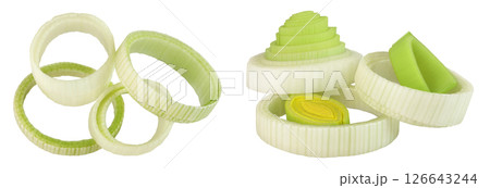 sliced Leek vegetable isolated on white background. Top view. Flat lay 126643244