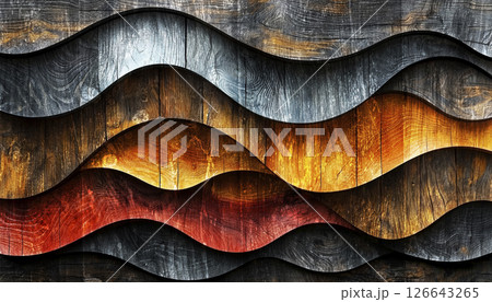 A series of wooden waves with a mix of brown, black, and orange colors. 126643265