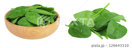 Baby spinach leaves in wooden bowl isolated on white background Baby spinach leaves in wooden bowl isolated on white background 126643310