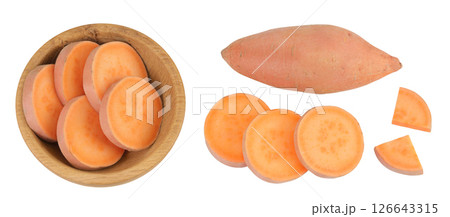 Sweet potato slices in a wooden bowl isolated on white background. Top view. Flat lay 126643315