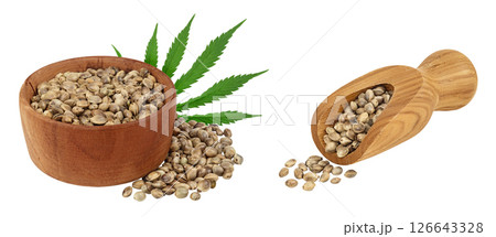 Hemp seeds in wooden bowl isolated on white background with full depth of field 126643328